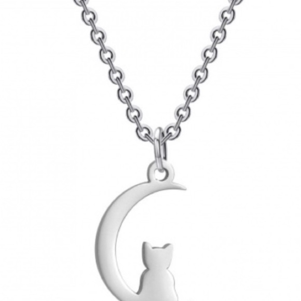 Stainless Steel Cat Moon Pendant Necklace